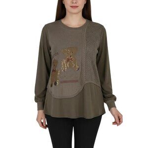 MILANTING Women's Olive Green Printed Knit Long Sleeve Pullover Shirt Large NWT